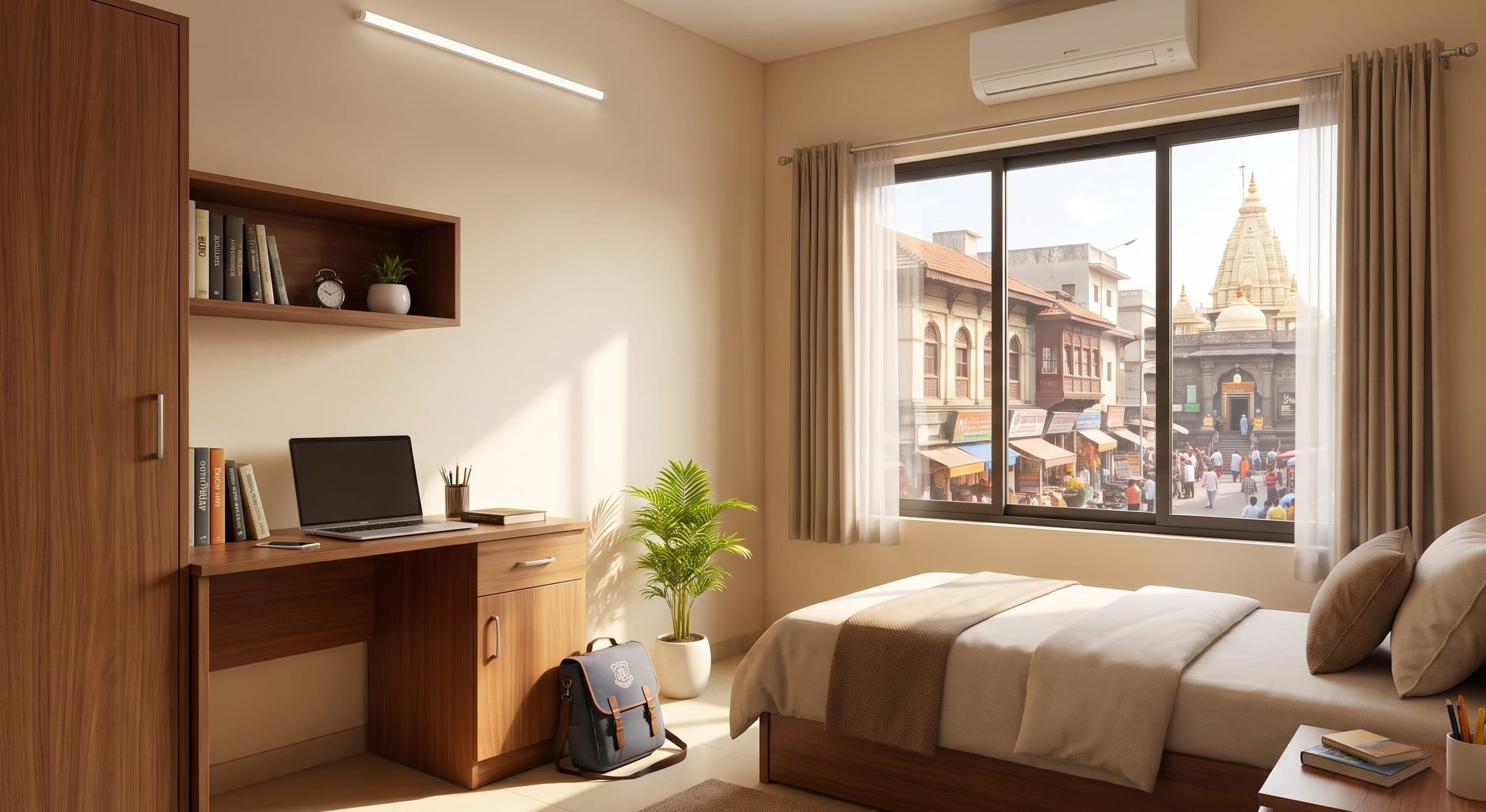 Illustration of a student room in Kolhapur, the Mahalaxmi temple visible through the window